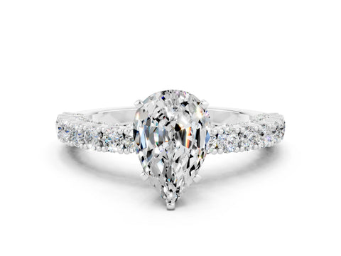 White gold Pear Cut Diamond Pavé Band Solitaire Ring with Prong Setting