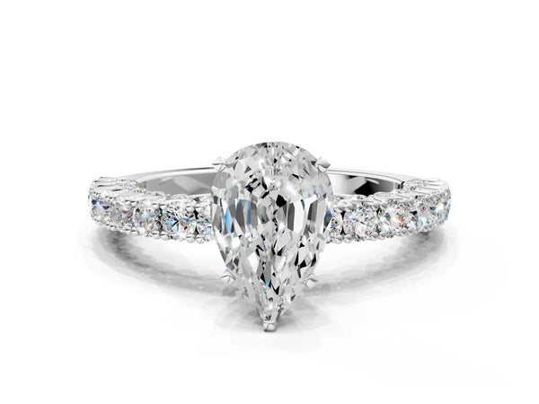 Sterling Silver Pear-Shaped Solitaire Engagement Ring Setting with Two-Row Round Accent Band