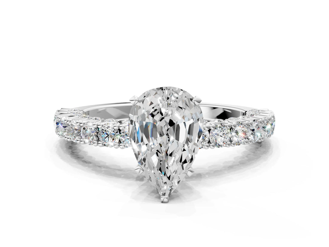 White gold Pear Cut Diamond Pavé Band Solitaire Ring with Prong Setting_97
