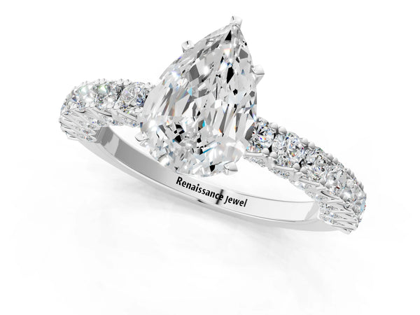White Gold Pear-Shaped Solitaire Engagement Ring Setting with Two-Row Round Accent Band