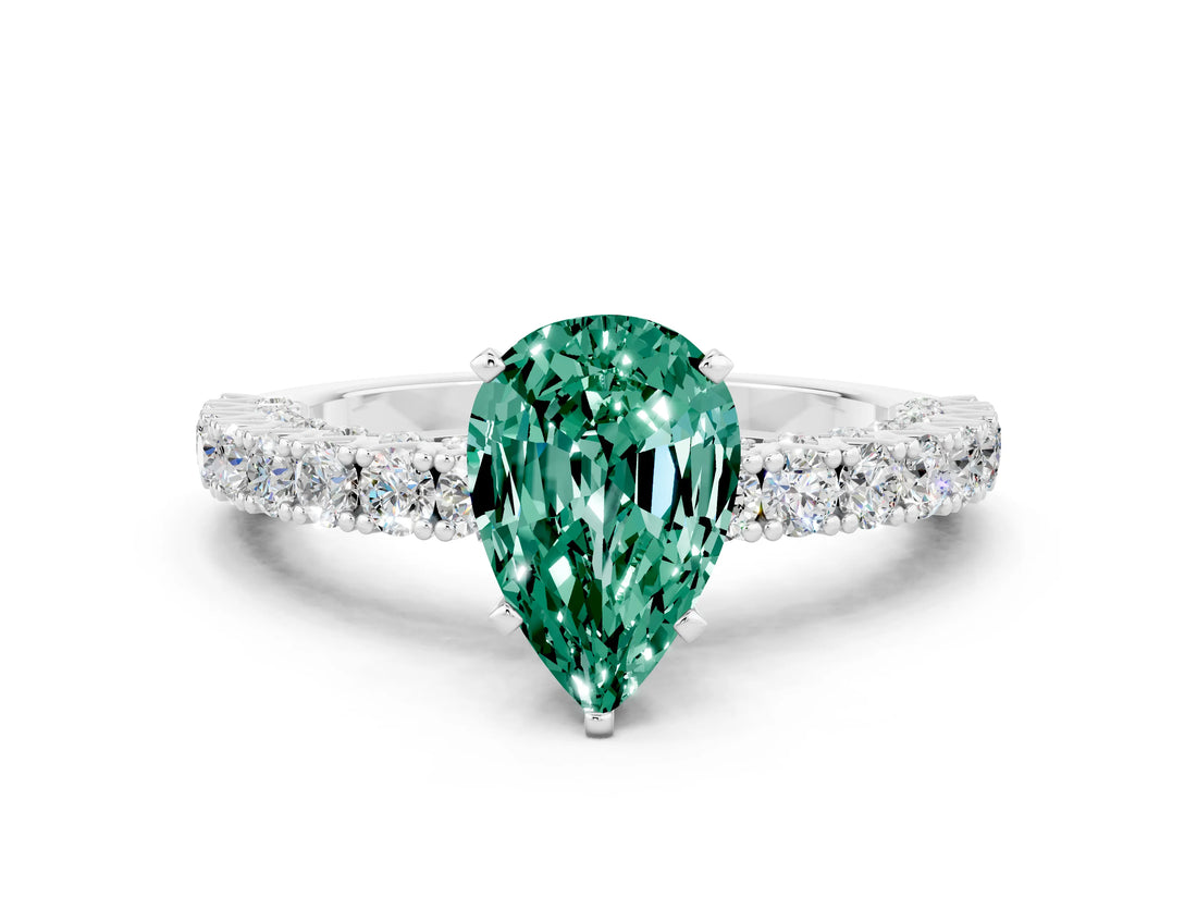 White gold Pear Cut Diamond Pavé Band Solitaire Ring with Prong Setting