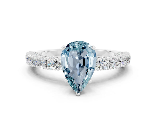 White gold Pear Cut Diamond Pavé Band Solitaire Ring with Prong Setting