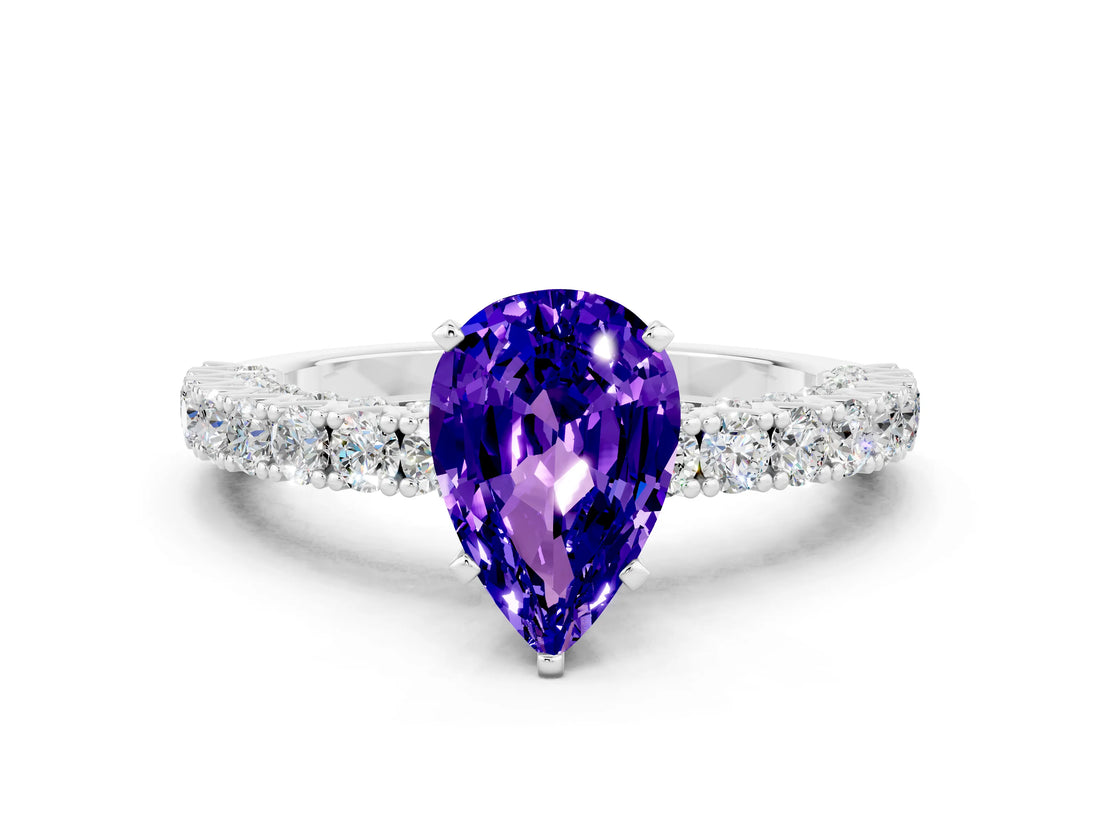 White gold Pear Cut Diamond Pavé Band Solitaire Ring with Prong Setting