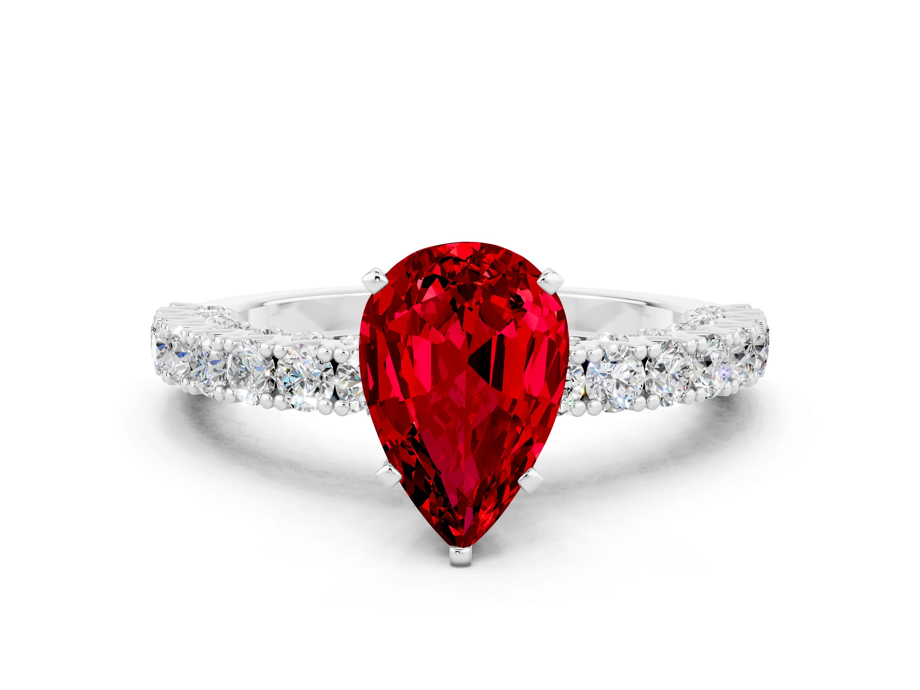 White gold Pear Cut Diamond Pavé Band Solitaire Ring with Prong Setting
