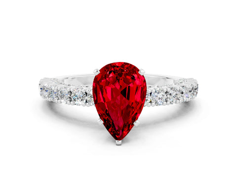 White gold Pear Cut Diamond Pavé Band Solitaire Ring with Prong Setting