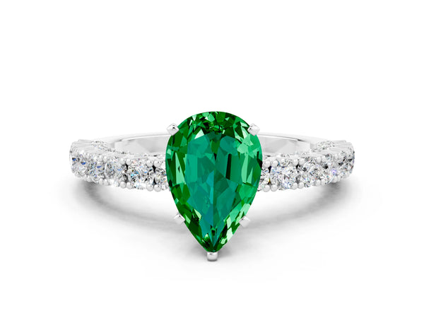 Silver Pear Cut Diamond Pavé Band Solitaire Ring with Prong Setting
