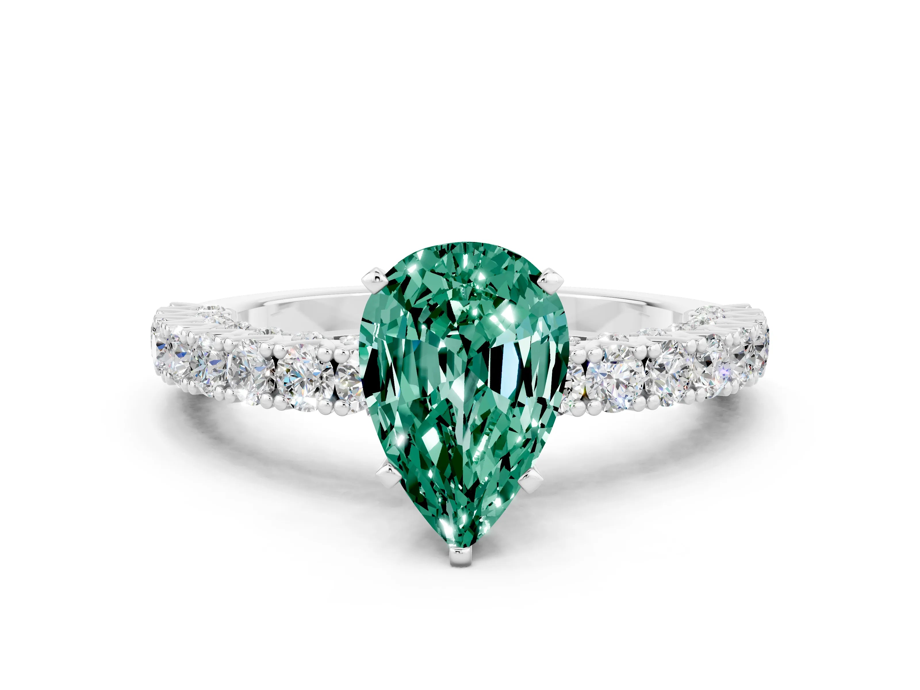 White gold Pear Cut Diamond Pavé Band Solitaire Ring with Prong Setting