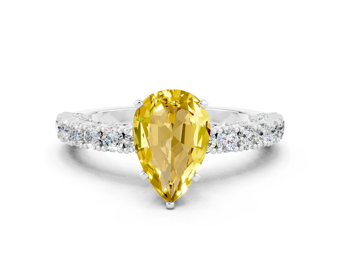 White gold Pear Cut Diamond Pavé Band Solitaire Ring with Prong Setting