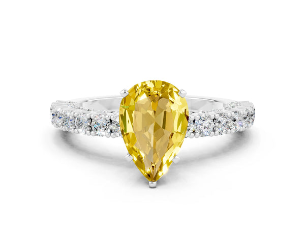 Platinum Pear Cut Diamond Pavé Band Solitaire Ring with Prong Setting