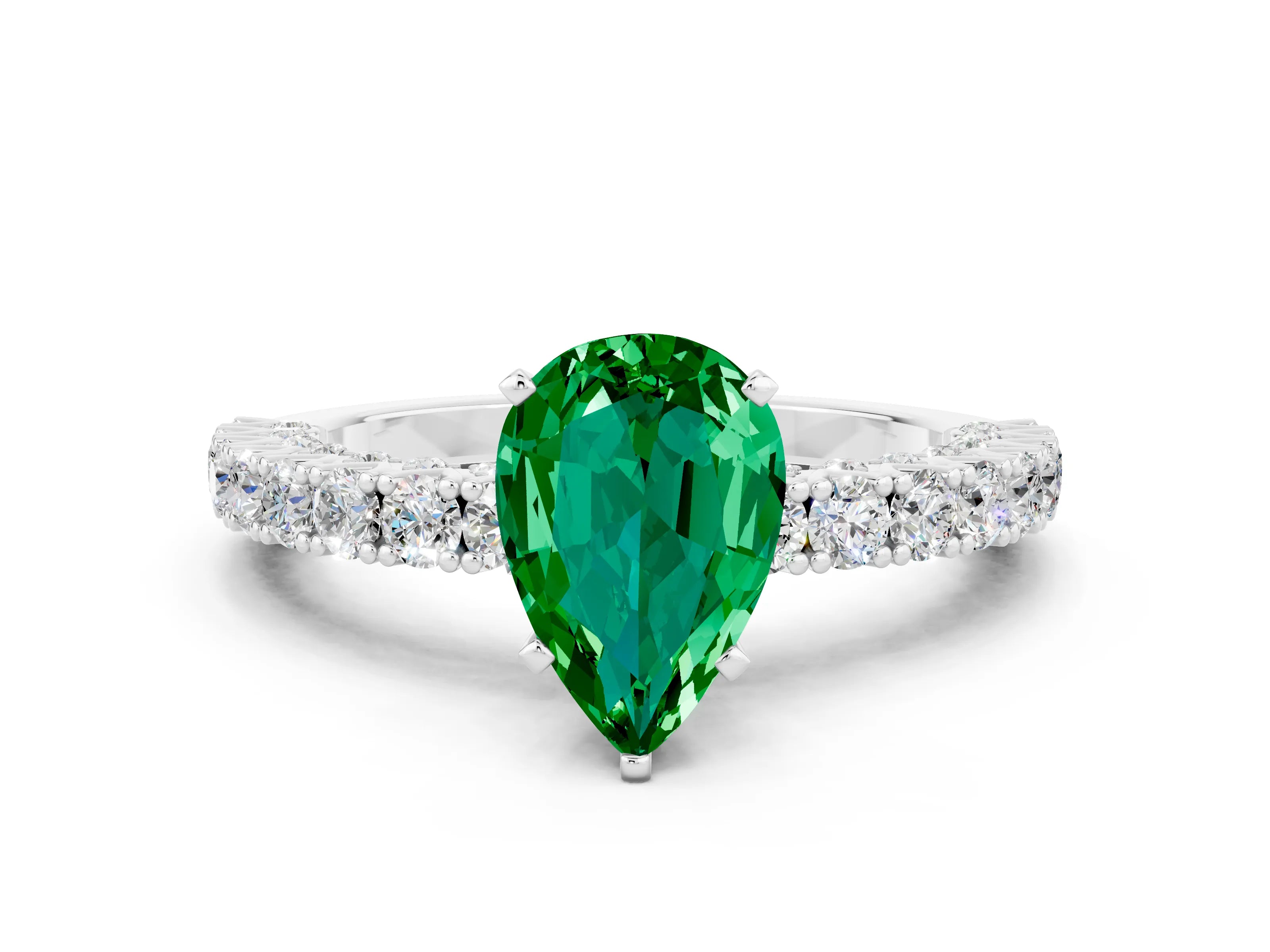 White gold Pear Cut Diamond Pavé Band Solitaire Ring with Prong Setting