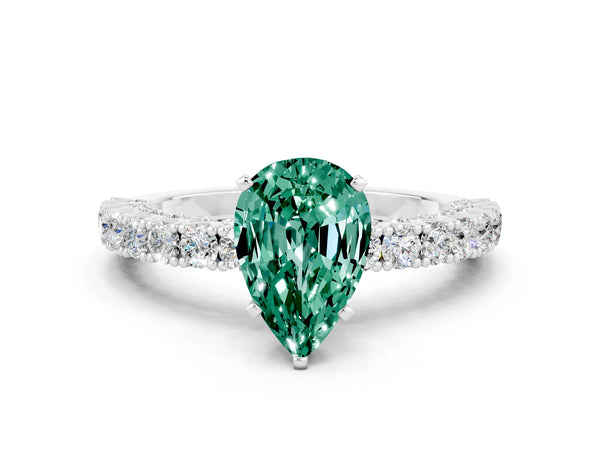 Silver Pear Cut Diamond Pavé Band Solitaire Ring with Prong Setting