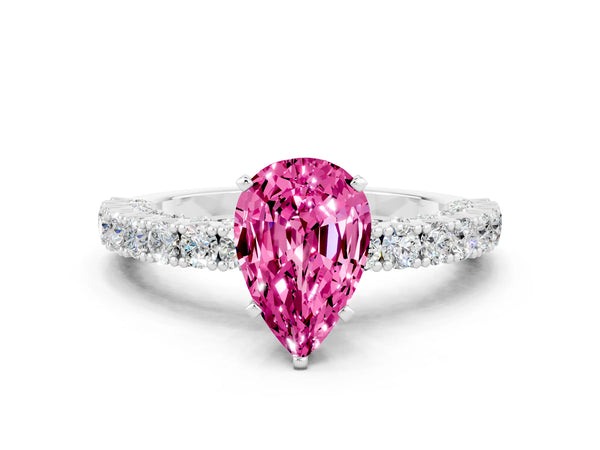 Platinum Pear Cut Diamond Pavé Band Solitaire Ring with Prong Setting