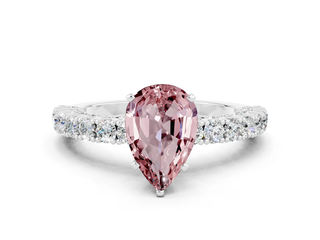 White gold Pear Cut Diamond Pavé Band Solitaire Ring with Prong Setting
