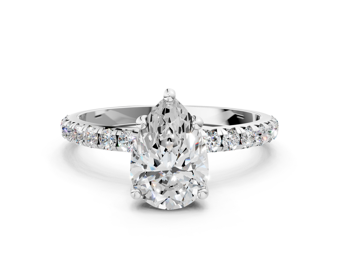 White gold Pear Cut Diamond Pavé Band Solitaire with Four-Prong Setting_3