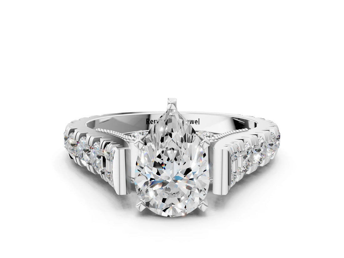 White gold Pear Cut Diamond Pavé Band Solitaire with Four-Prong Setting_51