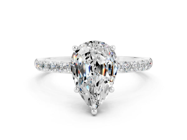 Platinum Pear Cut Moissanite Solitaire Ring with Round Pavé Shoulders and Prong Setting