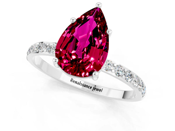 White gold Pear Cut Garnet Solitaire Ring with Round Pavé Shoulders and Prong Setting