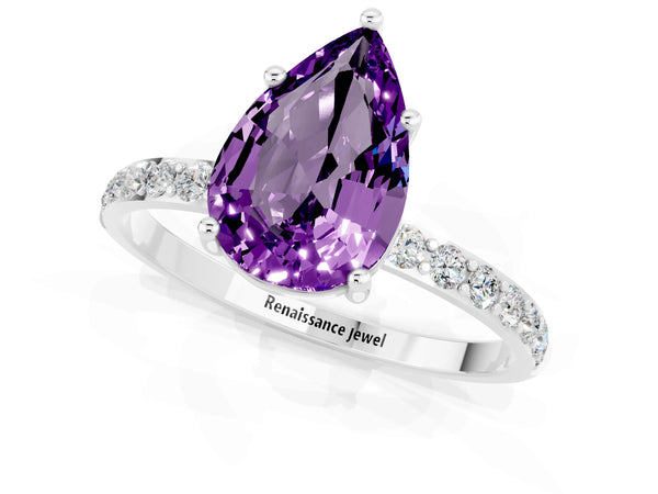 Silver Pear Cut Amethyst Solitaire Ring with Round Pavé Shoulders and Prong Setting
