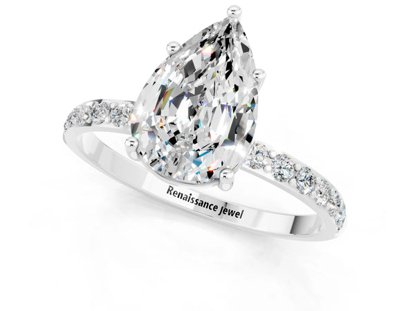 Silver Pear Cut Moissanite Solitaire Ring with Round Pavé Shoulders and Prong Setting