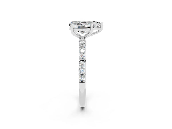 Platinum Pear Cut Moissanite Solitaire Ring with Round Pavé Shoulders and Prong Setting