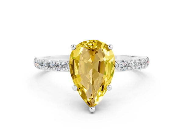 Silver Pear Cut Yellow Sapphire Solitaire Ring with Round Pavé Shoulders and Prong Setting