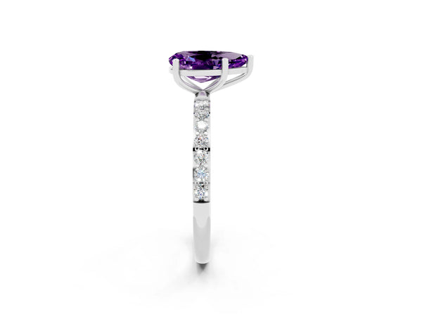 Platinum Pear Cut Amethyst Solitaire Ring with Round Pavé Shoulders and Prong Setting