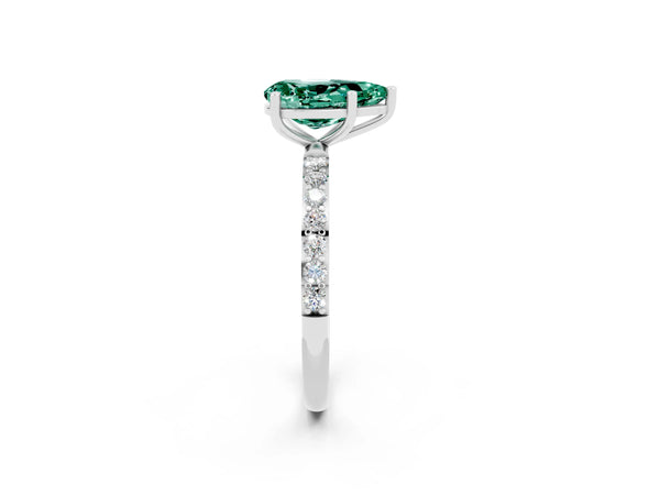 Silver Pear Cut Green Sapphire Solitaire Ring with Round Pavé Shoulders and Prong Setting
