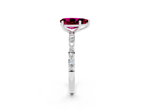 White gold Pear Cut Garnet Solitaire Ring with Round Pavé Shoulders and Prong Setting