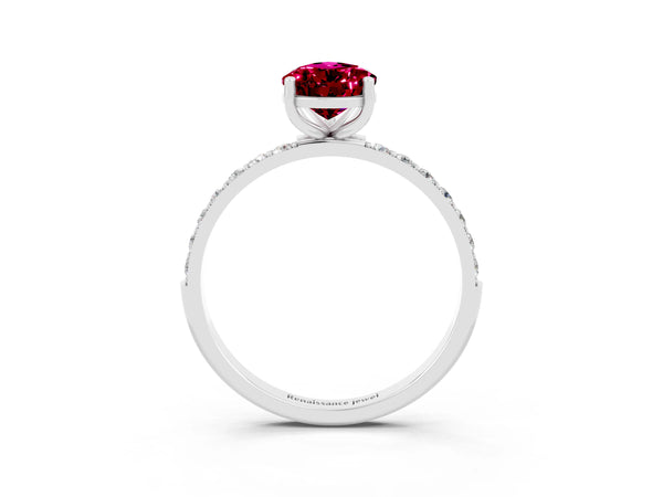 Silver Pear Cut Garnet Solitaire Ring with Round Pavé Shoulders and Prong Setting