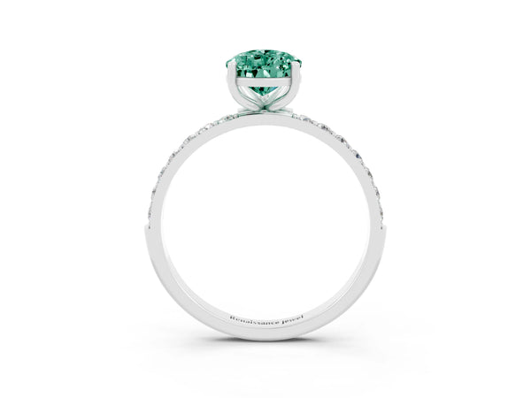 White gold Pear Cut Green Sapphire Solitaire Ring with Round Pavé Shoulders and Prong Setting