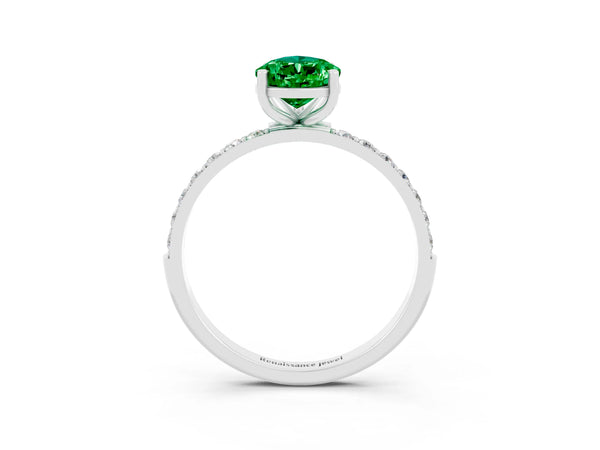 Platinum Pear Cut Emerald Solitaire Ring with Round Pavé Shoulders and Prong Setting