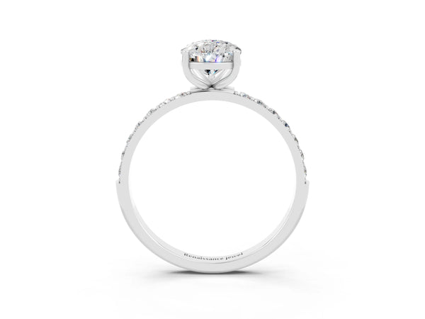 Silver Pear Cut Moissanite Solitaire Ring with Round Pavé Shoulders and Prong Setting
