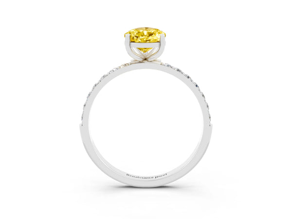 Silver Pear Cut Yellow Sapphire Solitaire Ring with Round Pavé Shoulders and Prong Setting