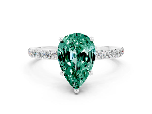Platinum Pear Cut Green Sapphire Solitaire Ring with Round Pavé Shoulders and Prong Setting