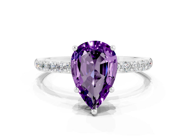 Platinum Pear Cut Amethyst Solitaire Ring with Round Pavé Shoulders and Prong Setting