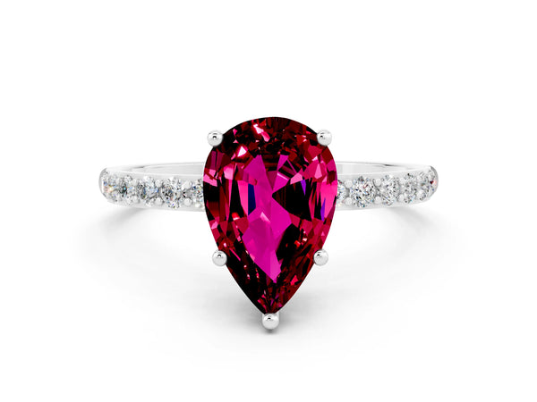 White gold Pear Cut Garnet Solitaire Ring with Round Pavé Shoulders and Prong Setting