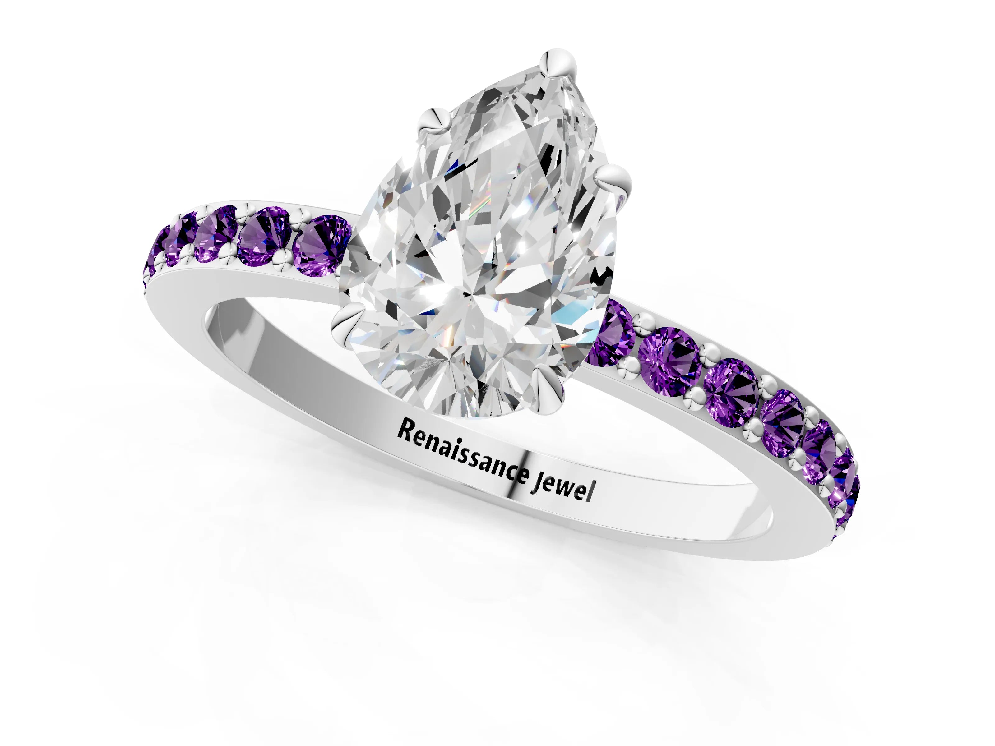 White gold Pear Cut Diamond Pavé Engagement Ring with Round with Amethyst side stone Accents and Prong Setting_13