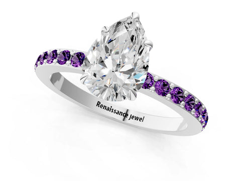 White gold Pear Cut Diamond Pavé Engagement Ring with Round with Amethyst side stone Accents and Prong Setting_13
