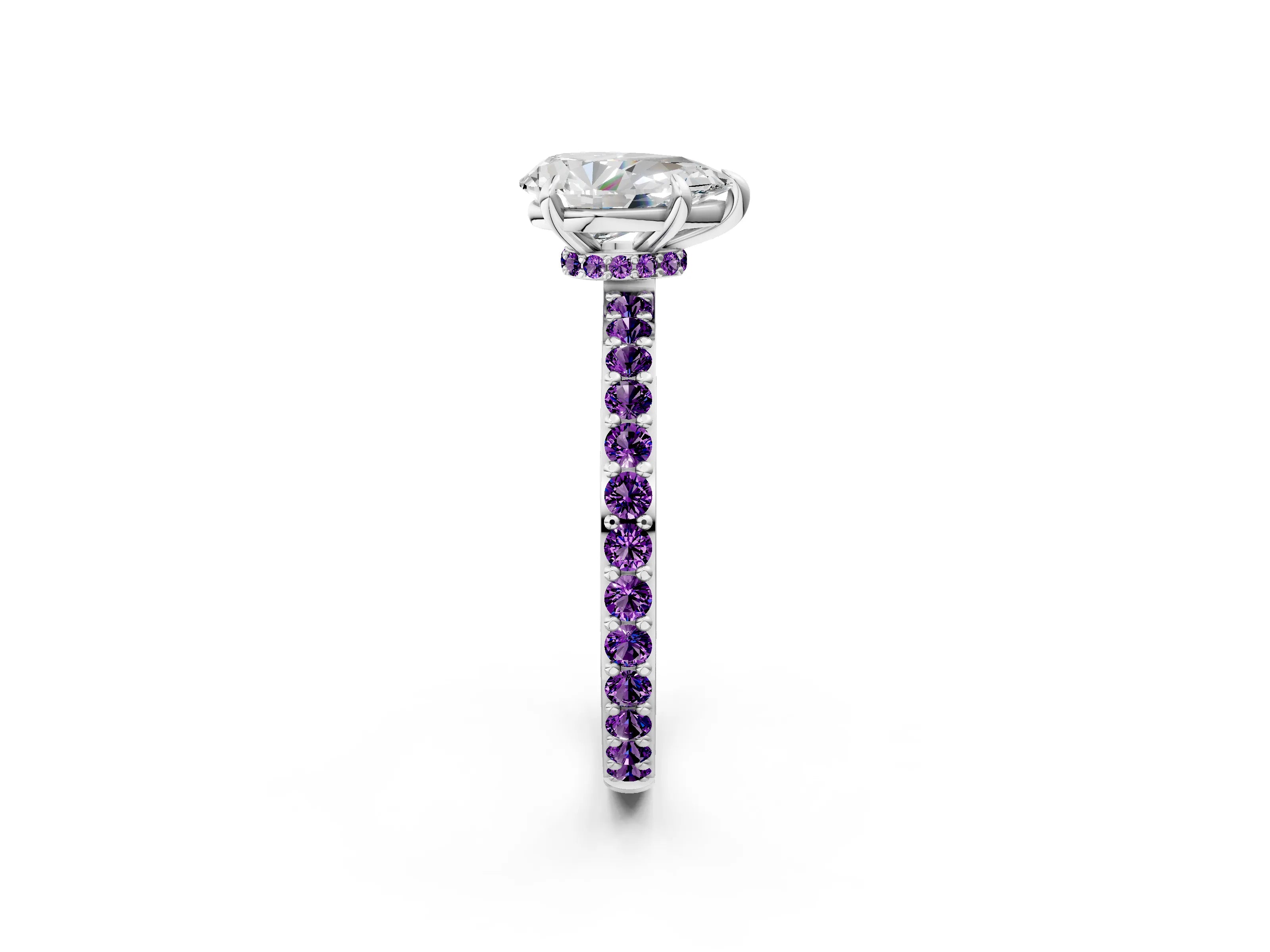 White gold Pear Cut Diamond Pavé Engagement Ring with Round with Amethyst side stone Accents and Prong Setting_14