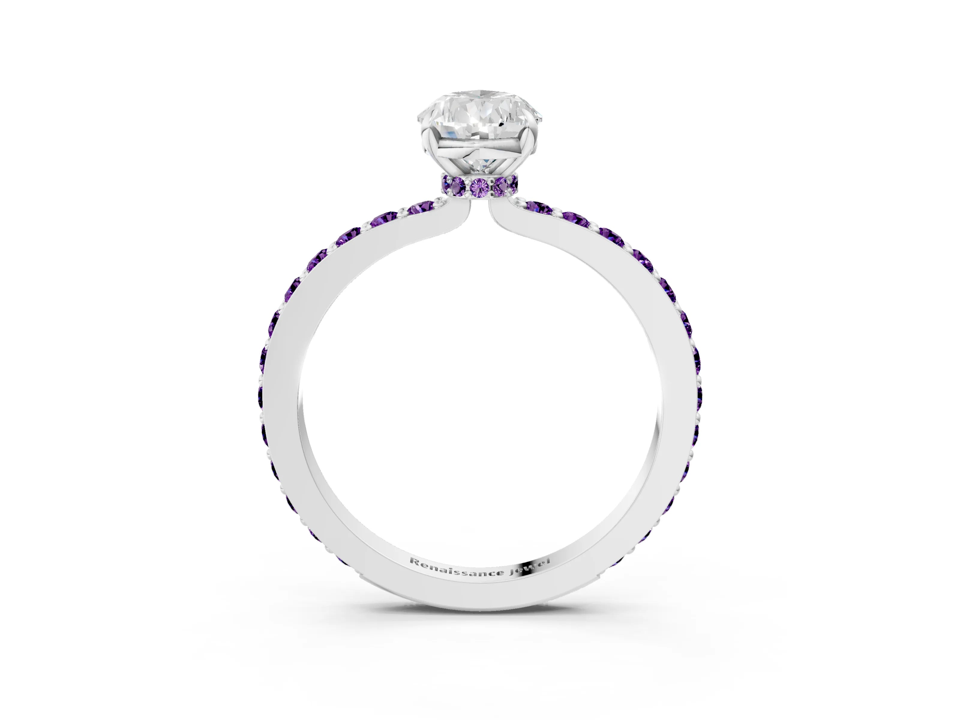 White gold Pear Cut Diamond Pavé Engagement Ring with Round with Amethyst side stone Accents and Prong Setting_15