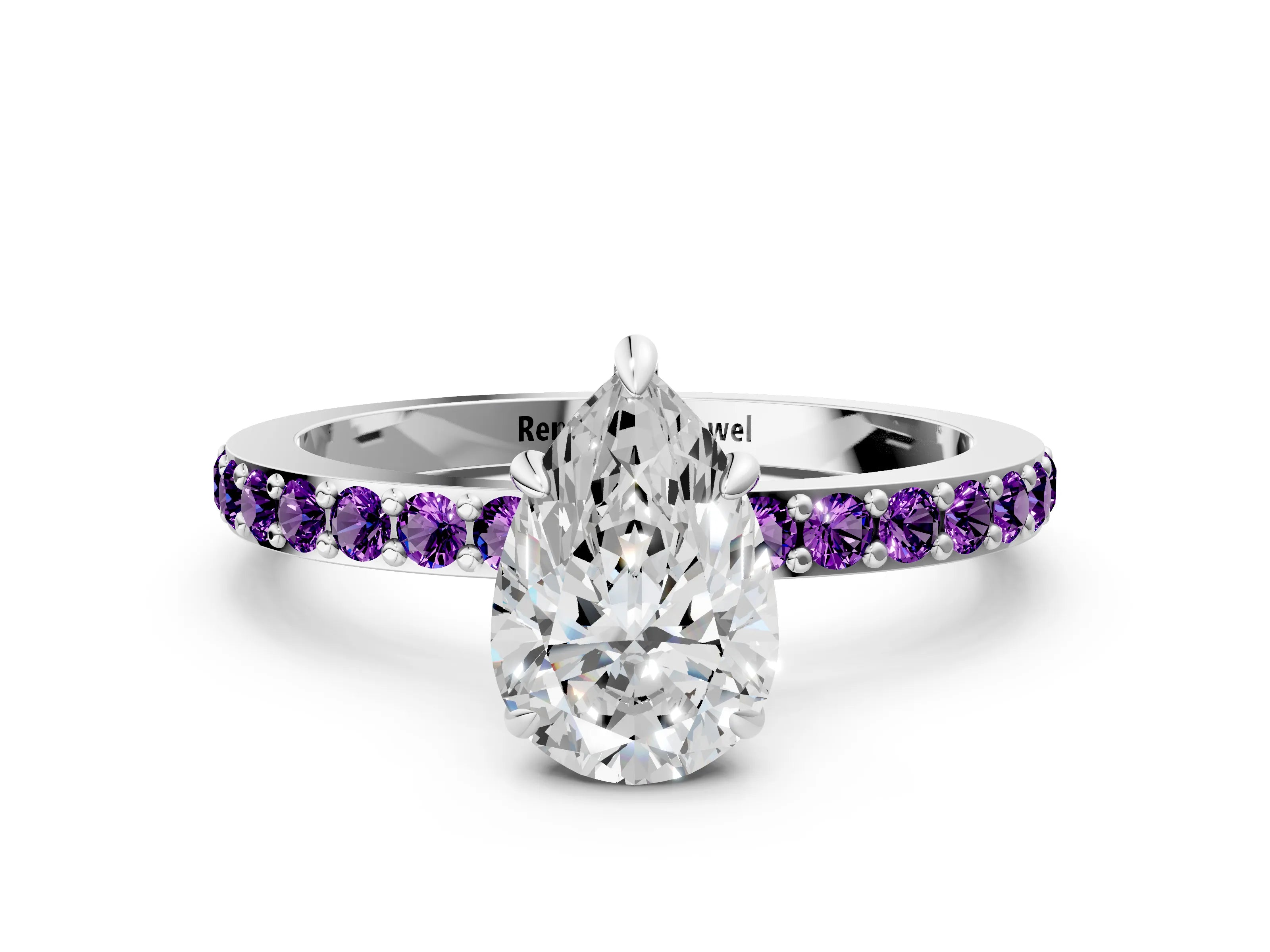 White gold Pear Cut Diamond Pavé Engagement Ring with Round with Amethyst side stone Accents and Prong Setting_24