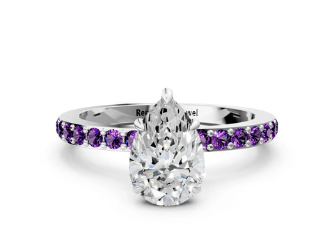 White gold Pear Cut Diamond Pavé Engagement Ring with Round with Amethyst side stone Accents and Prong Setting_24