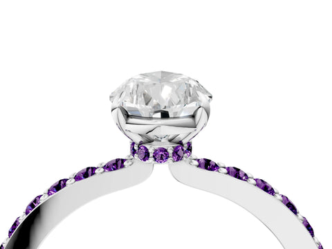 White gold Pear Cut Diamond Pavé Engagement Ring with Round with Amethyst side stone Accents and Prong Setting_28
