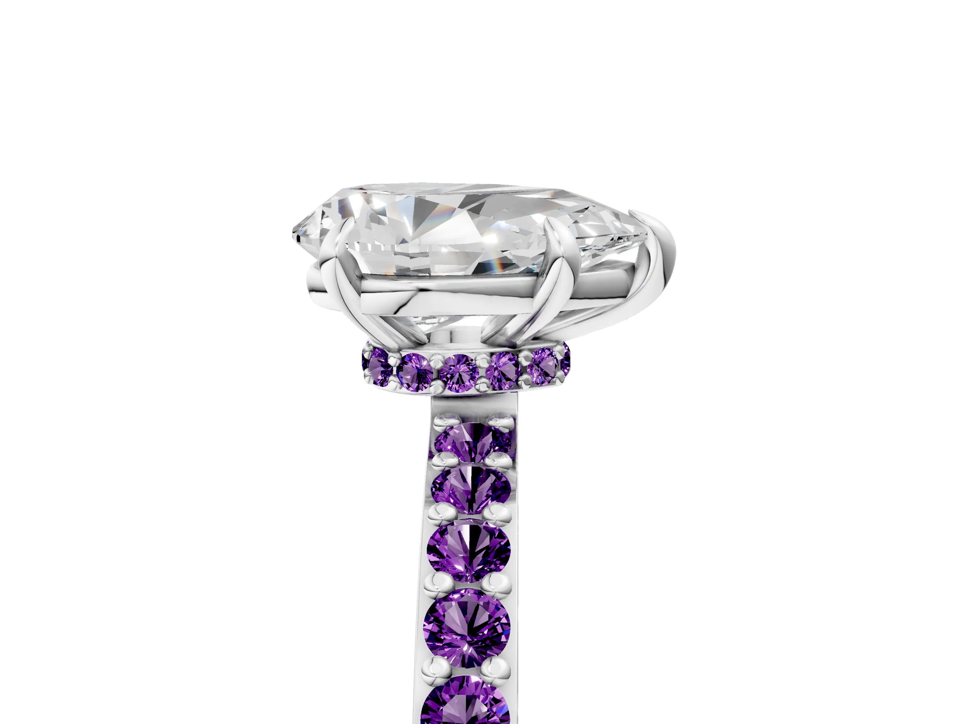 White gold Pear Cut Diamond Pavé Engagement Ring with Round with Amethyst side stone Accents and Prong Setting_29