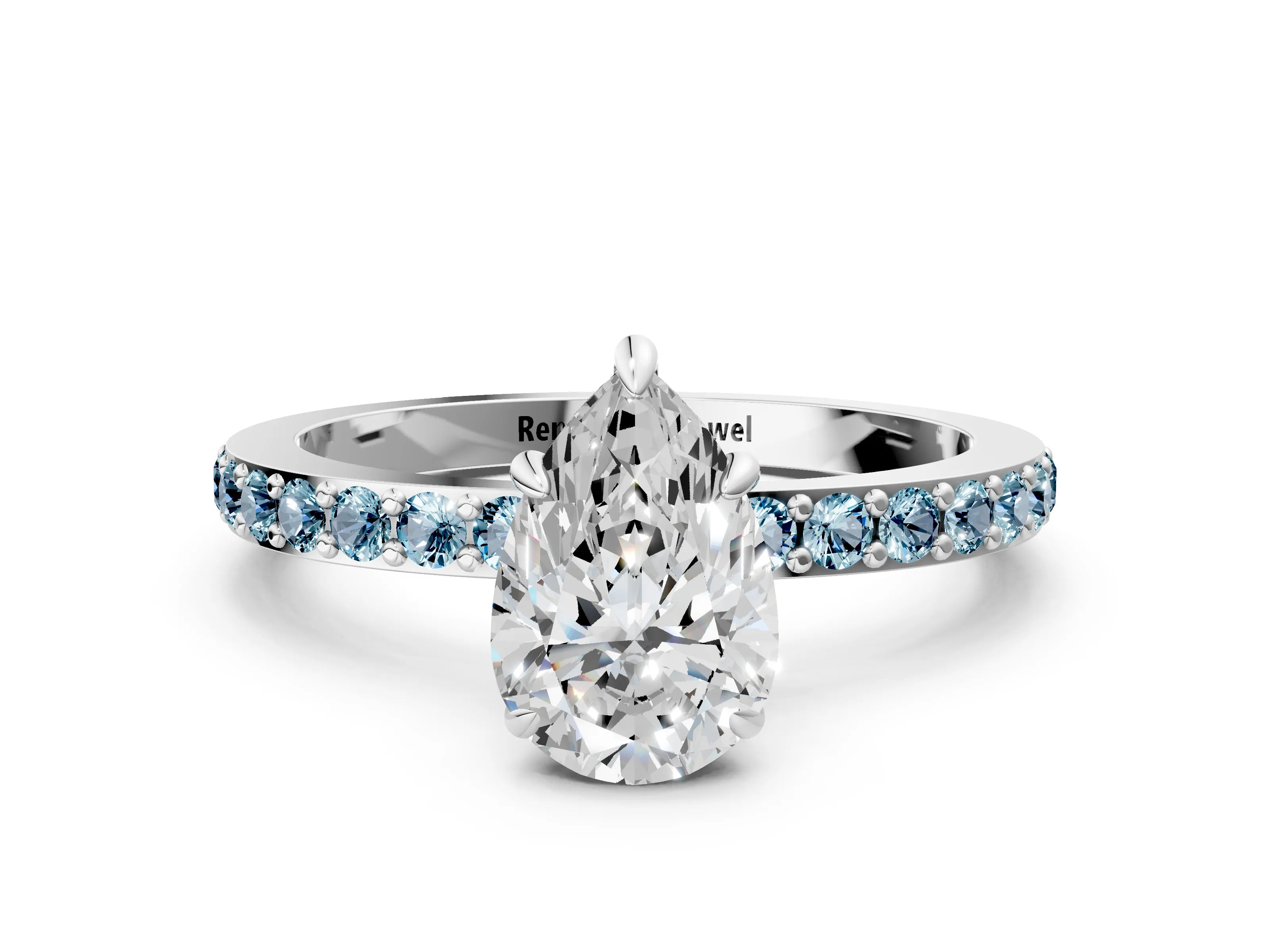 White gold Pear Cut Diamond Pavé Engagement Ring with Round with Aquamarine side stone Accents and Prong Setting_12