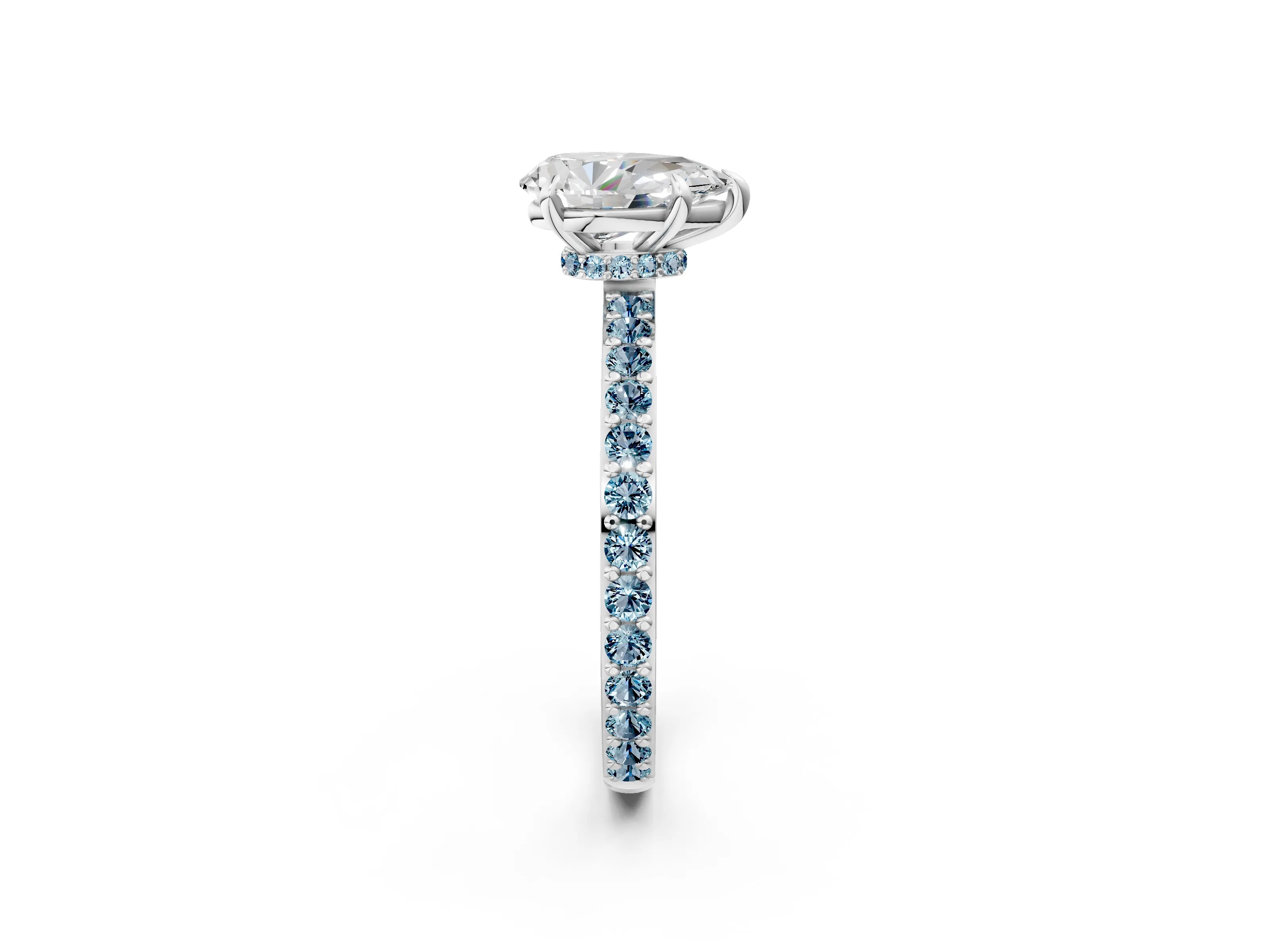 White gold Pear Cut Diamond Pavé Engagement Ring with Round with Aquamarine side stone Accents and Prong Setting_14