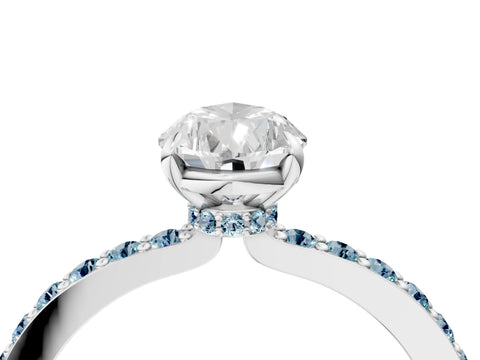 White gold Pear Cut Diamond Pavé Engagement Ring with Round with Aquamarine side stone Accents and Prong Setting_16