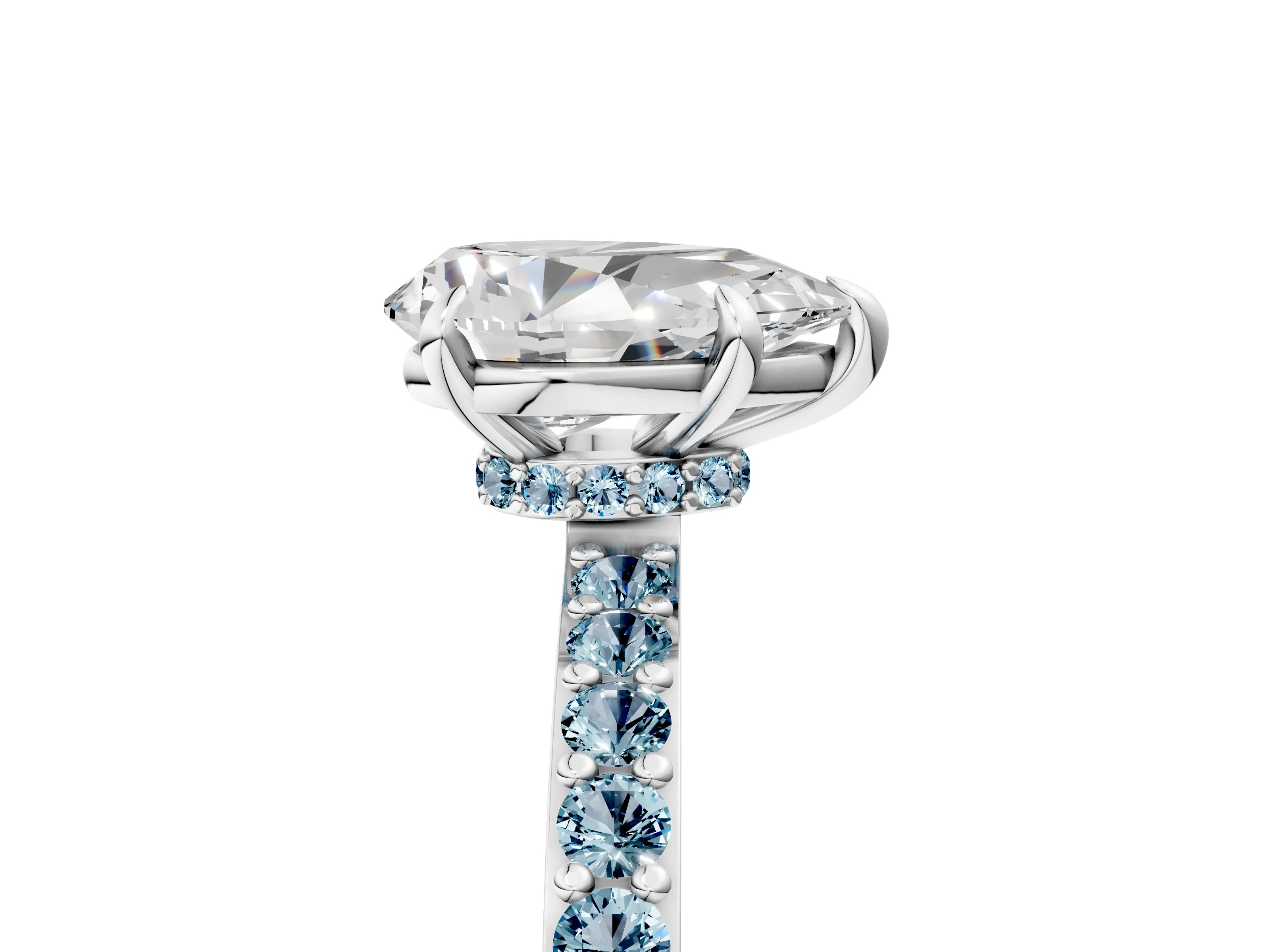 White gold Pear Cut Diamond Pavé Engagement Ring with Round with Aquamarine side stone Accents and Prong Setting_17