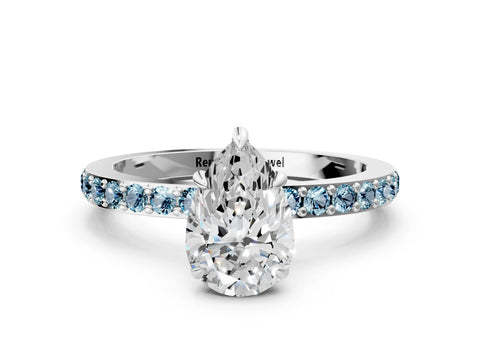 White gold Pear Cut Diamond Pavé Engagement Ring with Round with Aquamarine side stone Accents and Prong Setting_24
