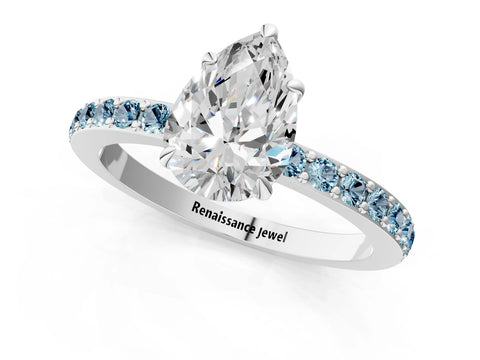 White gold Pear Cut Diamond Pavé Engagement Ring with Round with Aquamarine side stone Accents and Prong Setting_25